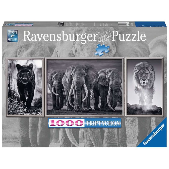 Puzzle : 1000 pièces - Triptyque Lion Panthère Eléphant