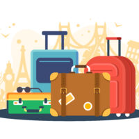 Flat set suitcases on background of attractions.