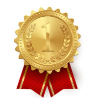 Vector gold medal with red ribbons isolated on white background.