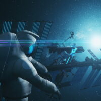 spaceman flies at blue black of Space Station